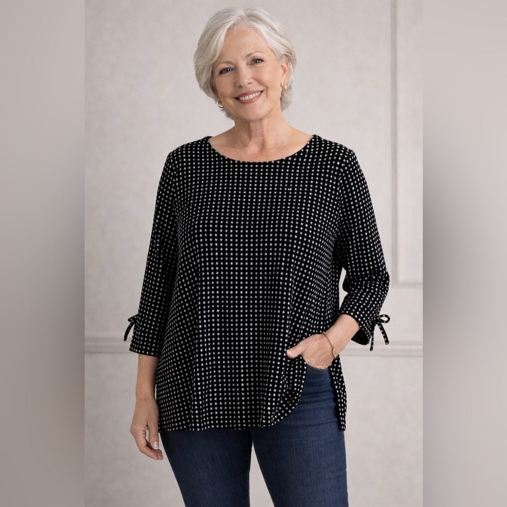 Talbots Woman Petites Black White Bow Sleeve Top 2X Petite Stretch Blouse